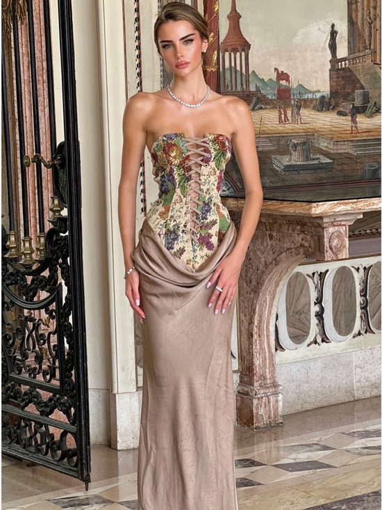 Fashion Nova Dresses & Skirts - Fashion Nova Strapless Floral Corset with Taupe Satin Skirt